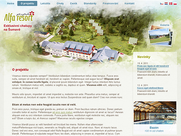 Grafika internetových stránek pro prodej exklusivních chalup na Šumavě Alfa resort.