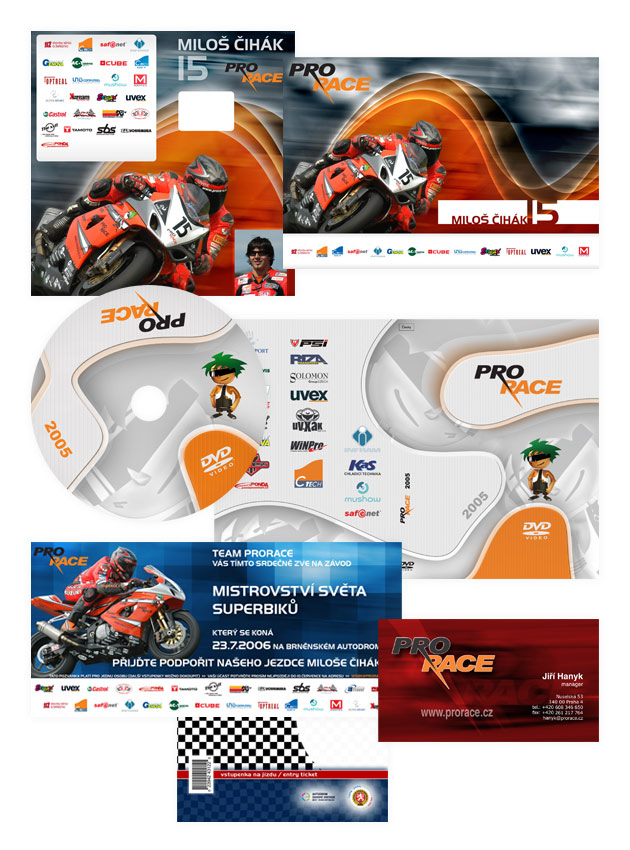 Grafika vizitek, letáků, pozvánek a další grafiky pro český superbikový team Prorace.